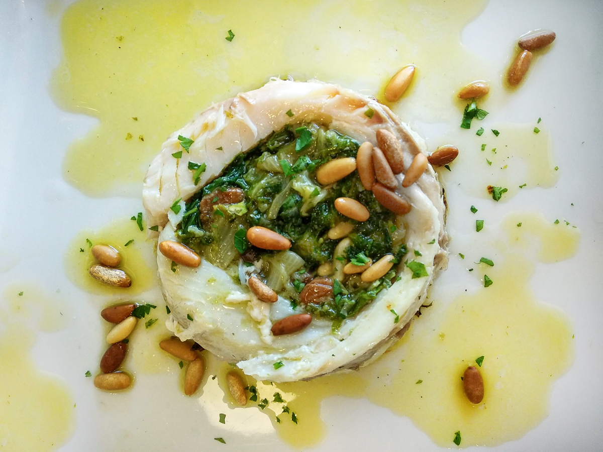 sea bream flan with escarole and taggiasca olives